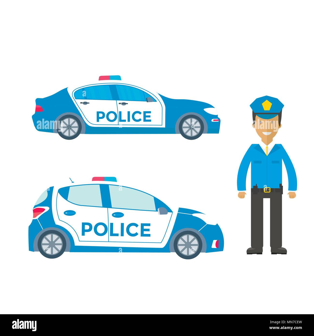 Patrouille de police sur une route avec une voiture de police, agent. Policier en uniforme, Véhicule avec feux clignotants sur le toit. Télévision vector illustration. Illustration de Vecteur