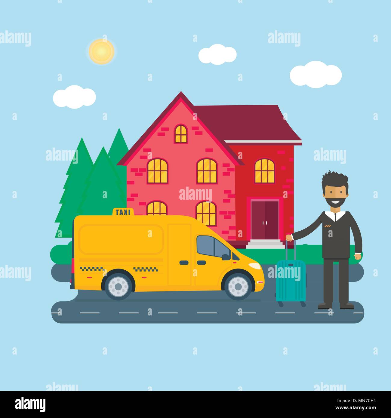 Yellow Cab de la machine avec chauffeur dans la ville. Service de taxi camion Public concept. Télévision vector illustration. Illustration de Vecteur