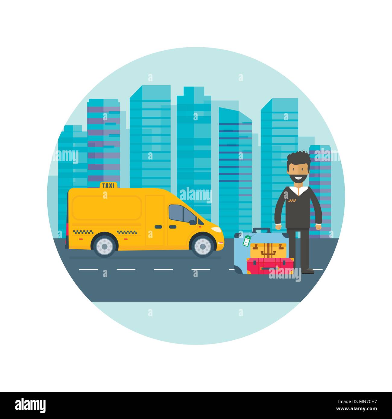 Yellow Cab de la machine avec chauffeur dans la ville. Service de taxi camion Public concept. Télévision vector illustration. Illustration de Vecteur