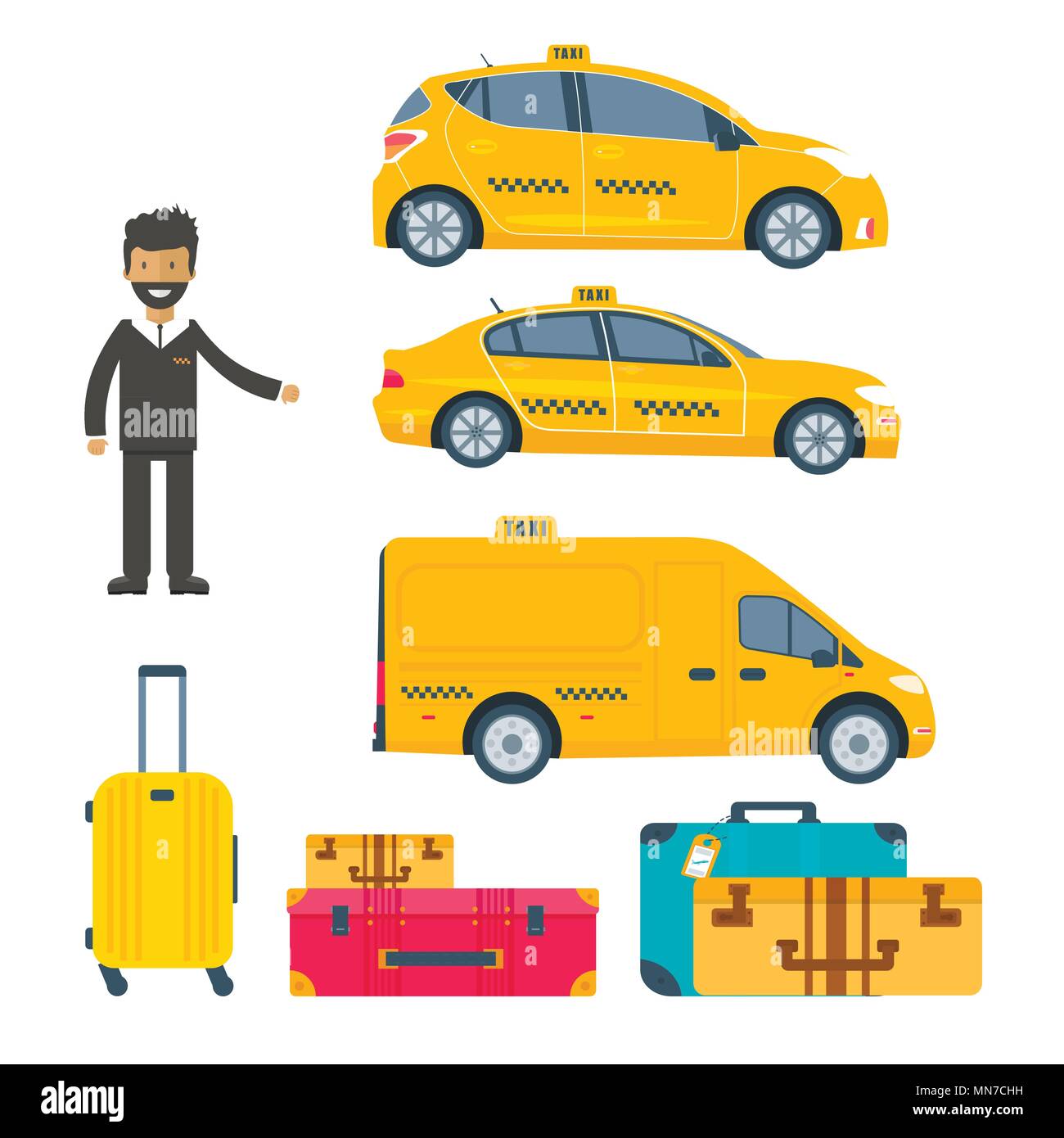Ensemble d'autre machine yellow cab, camion avec chauffeur et des bagages isolé sur fond blanc. Télévision vector illustration. Illustration de Vecteur