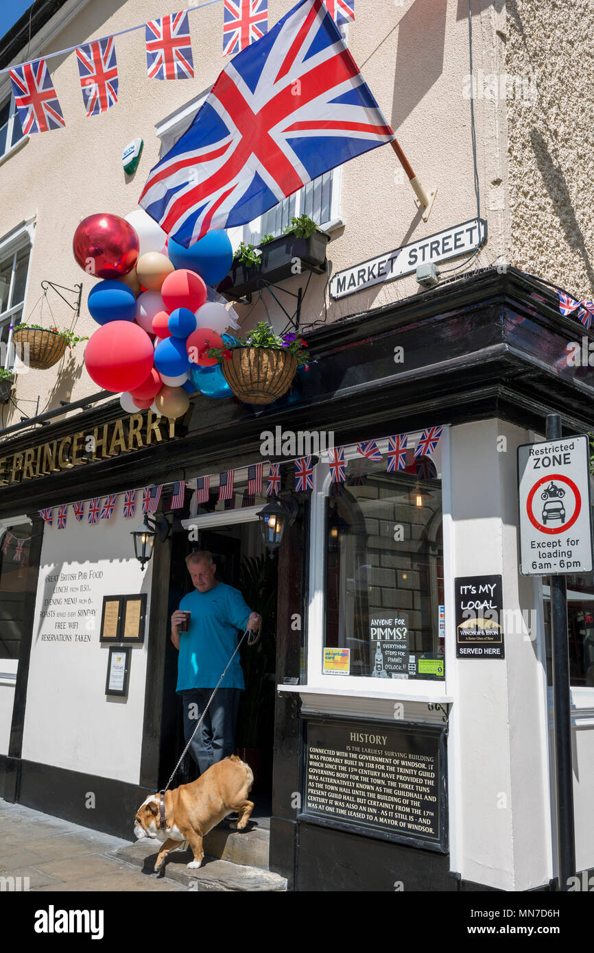 Un British Bulldog avec des drapeaux et des ballons à l'extérieur du prince Harry pub dans la vieille ville de Windsor comme il se prépare pour le mariage royal entre le Prince Harry et sa fiancée américaine Meghan Markle, le 14 mai 2018, à Londres, en Angleterre. Banque D'Images