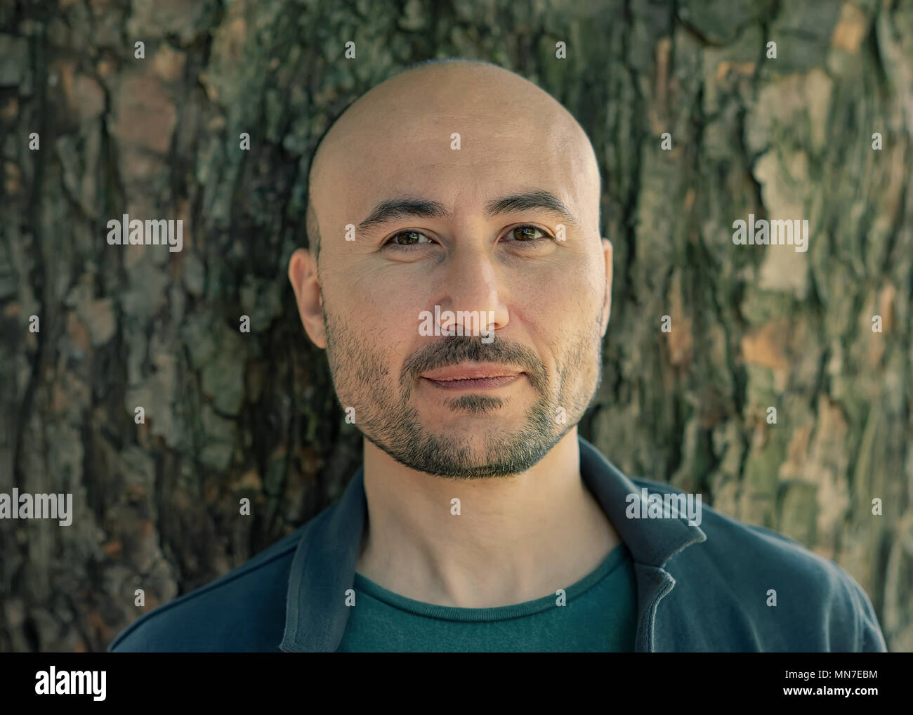 Visage d'un homme chauve sérieux barbu dans le parc. Portrait d'un homme d'âge moyen. Banque D'Images