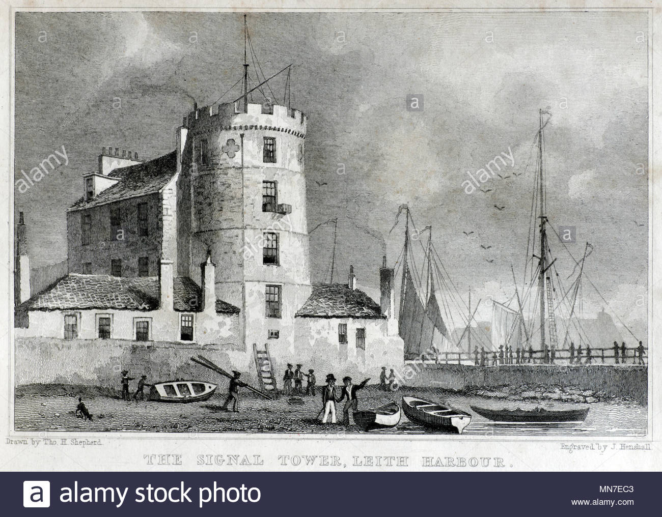 La tour à signaux du port de Leith, Édimbourg, gravure ancienne de 1829 Banque D'Images