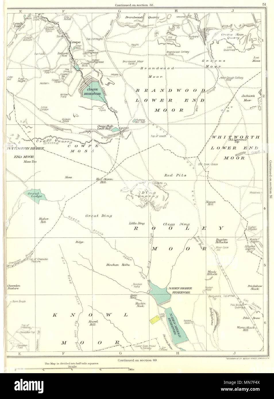 La connaissance Tk.LANCASHIRE Moor,Rooley Moor Moor,FIN,Cowpe Cowpe 1935 Moss,Réservoir carte Banque D'Images