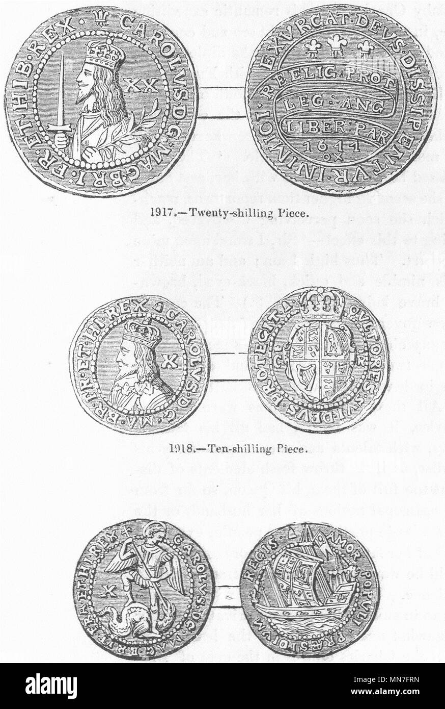 Pièces d'or. De Charles I. 10 & 20 shillings ; Angel 1845 ancien Banque D'Images