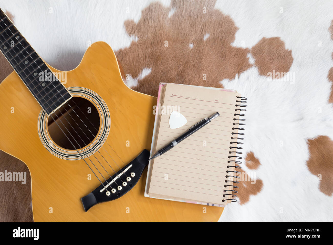 Guitare acoustique et classique et note avec stylo pour composer sur fond de cuir Banque D'Images