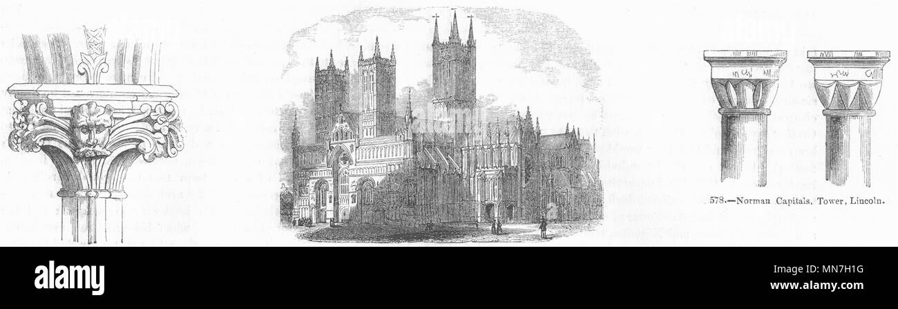 La cathédrale de Lincoln. Capital, tourelle, gable cross, nef 1845 vieux ancien Banque D'Images