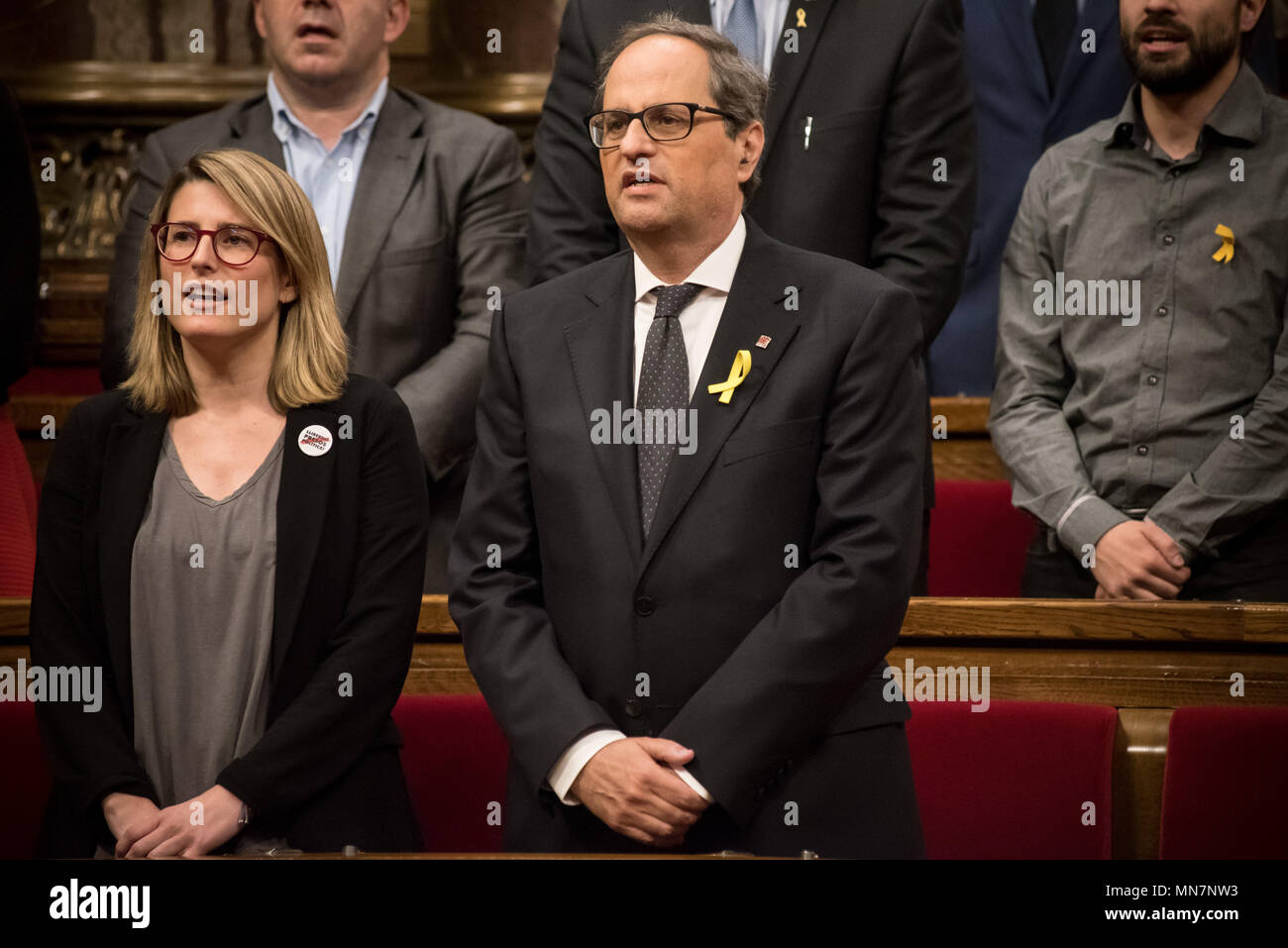 Barcelone, Espagne. 14 mai, 2018. Junts per Catalunya parti candidat à la présidence de la Catalogne JOAQUIM TORRA assiste à la session plénière au parlement catalan. Pro- indépendance politicien Quim Torra a été élu nouveau président par le parlement de Catalogne. Torra a dit qu'il travaillera pour libérer les prisonniers et faire venir les dirigeants Catalan accueil les exilés pendant que aller de l'avant avec la République Catalane. Crédit : Jordi Boixareu/Alamy Live News Banque D'Images