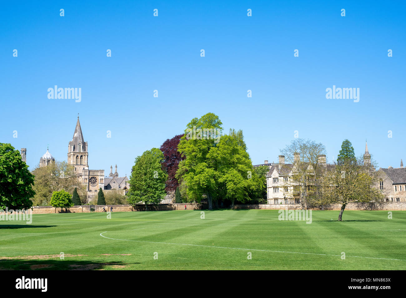 Merton College bâtiments et domaine en regardant vers la cathédrale Christ Church, dans le soleil du printemps. Oxford, Oxfordshire, Angleterre Banque D'Images