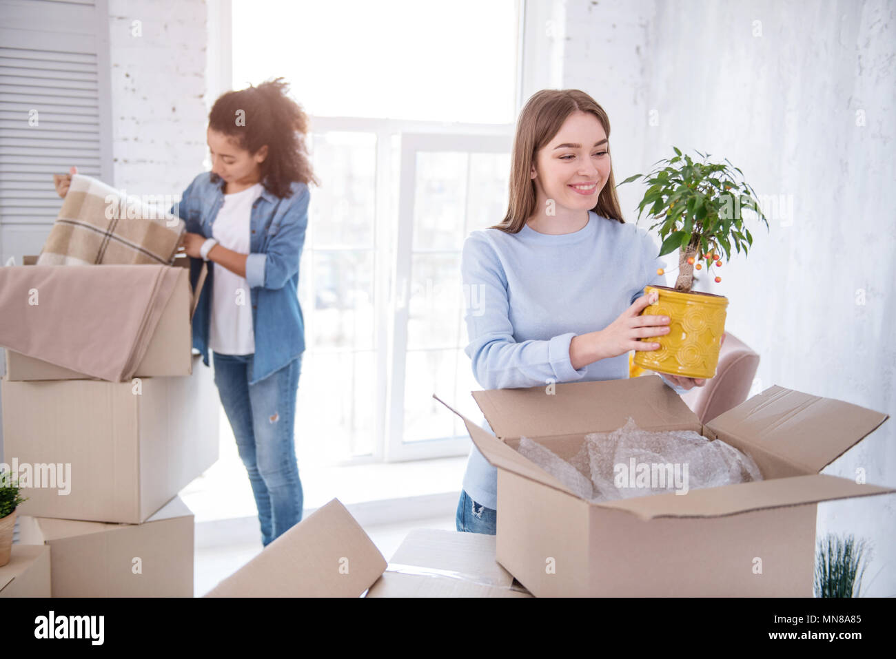 Les étudiantes optimiste déballage biens ensemble Banque D'Images