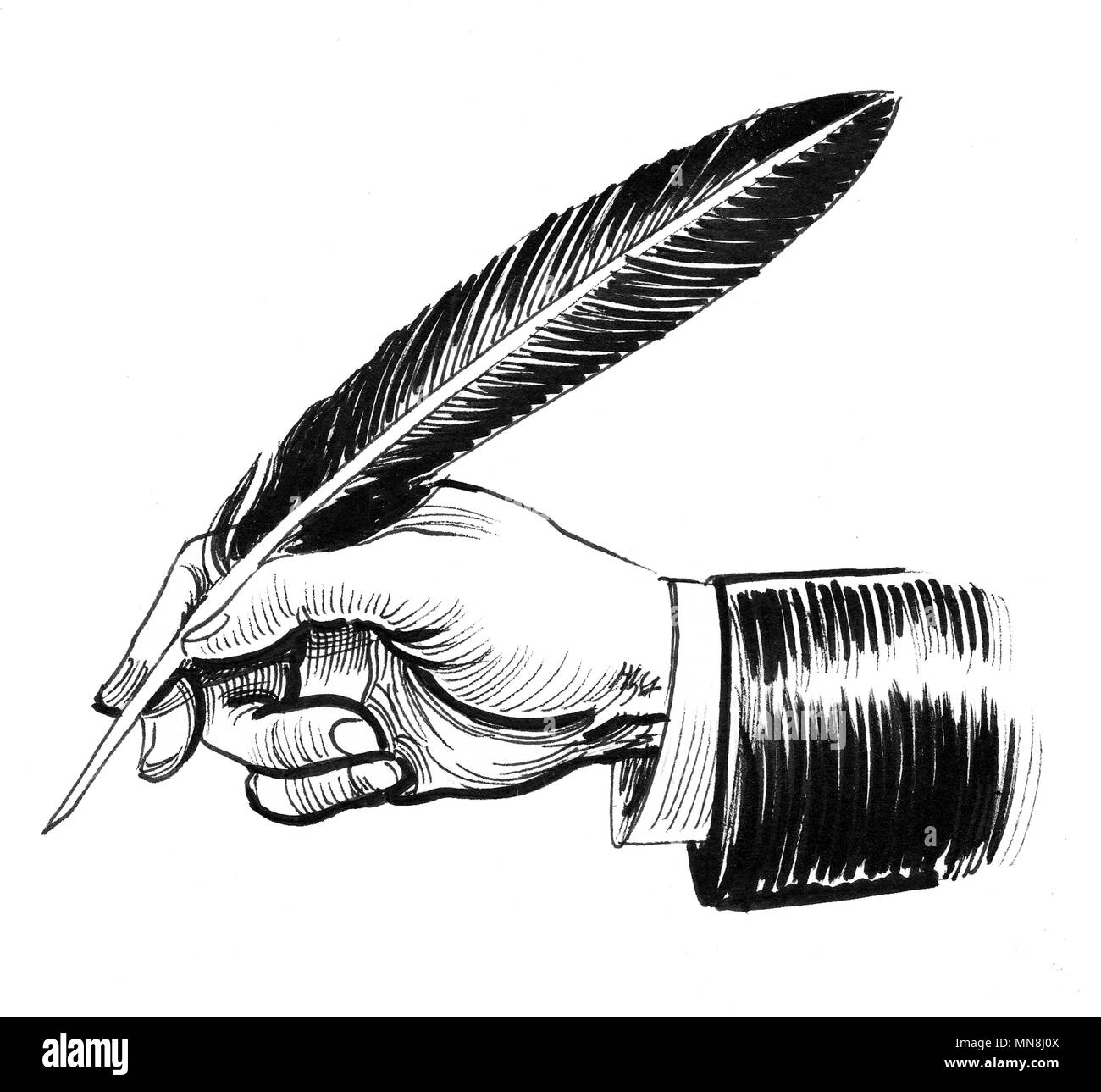 L'écriture à la main avec une plume. Dessin noir et blanc Encre Photo Stock  - Alamy