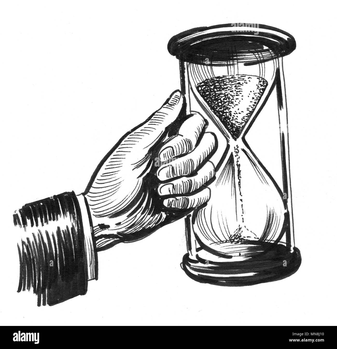 La Main Avec Le Sable Reveil Dessin Noir Et Blanc Encre Photo Stock Alamy