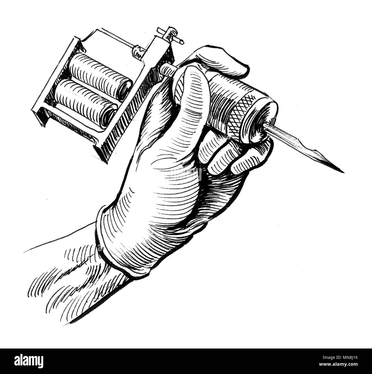 La main avec une machine à tatouer d'encre. illustration noir et blanc Banque D'Images