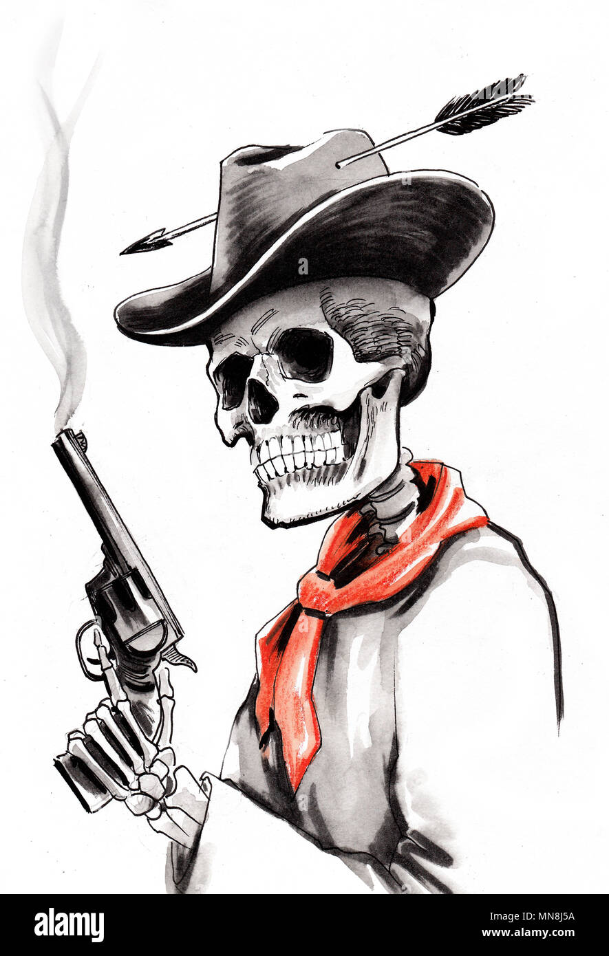 Dead cowboy. Illustration noir et blanc Encre Banque D'Images