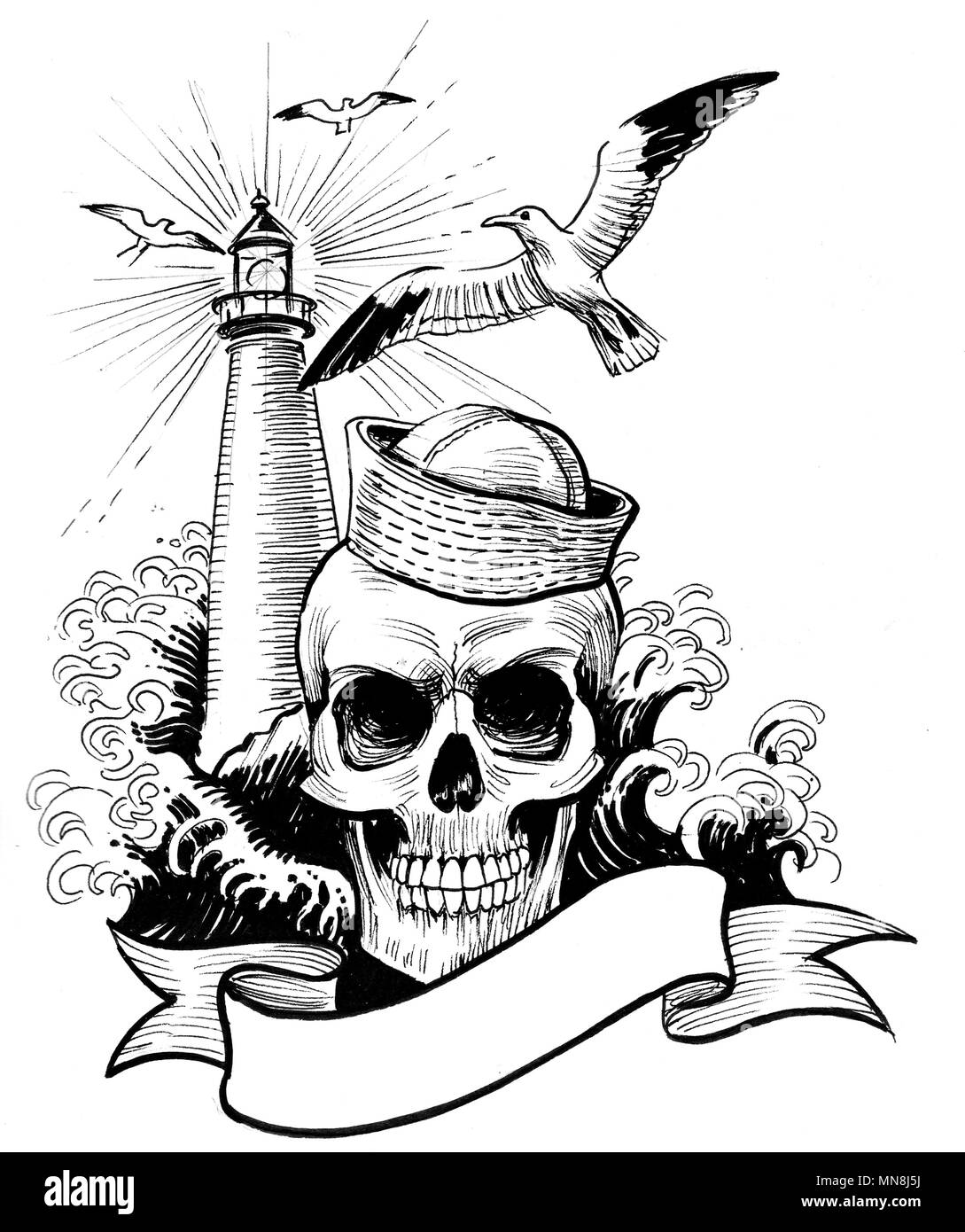 Dead sailor et phare. Illustration noir et blanc Encre Banque D'Images