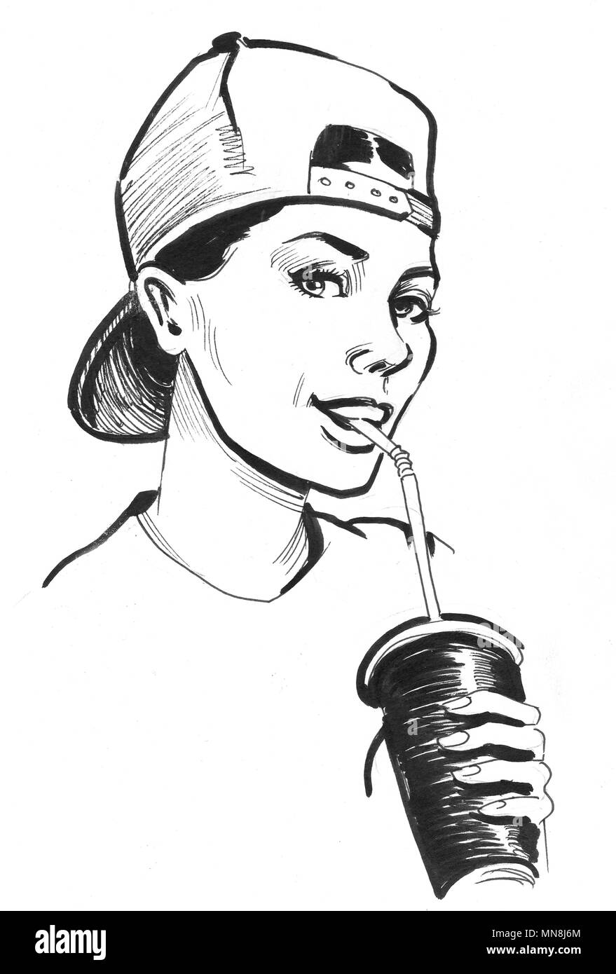 Jolie fille de boire avec une paille. Illustration noir et blanc Encre Banque D'Images
