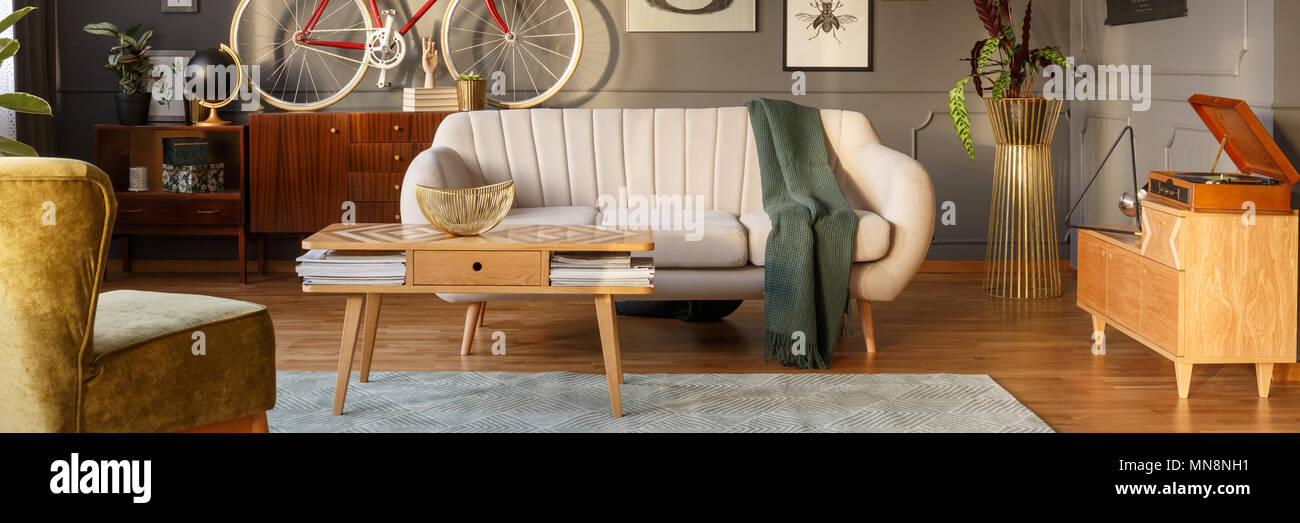 Canapé gris clair avec une couverture verte placée en gris foncé salon intérieur avec des meubles en bois et des plantes fraîches Banque D'Images