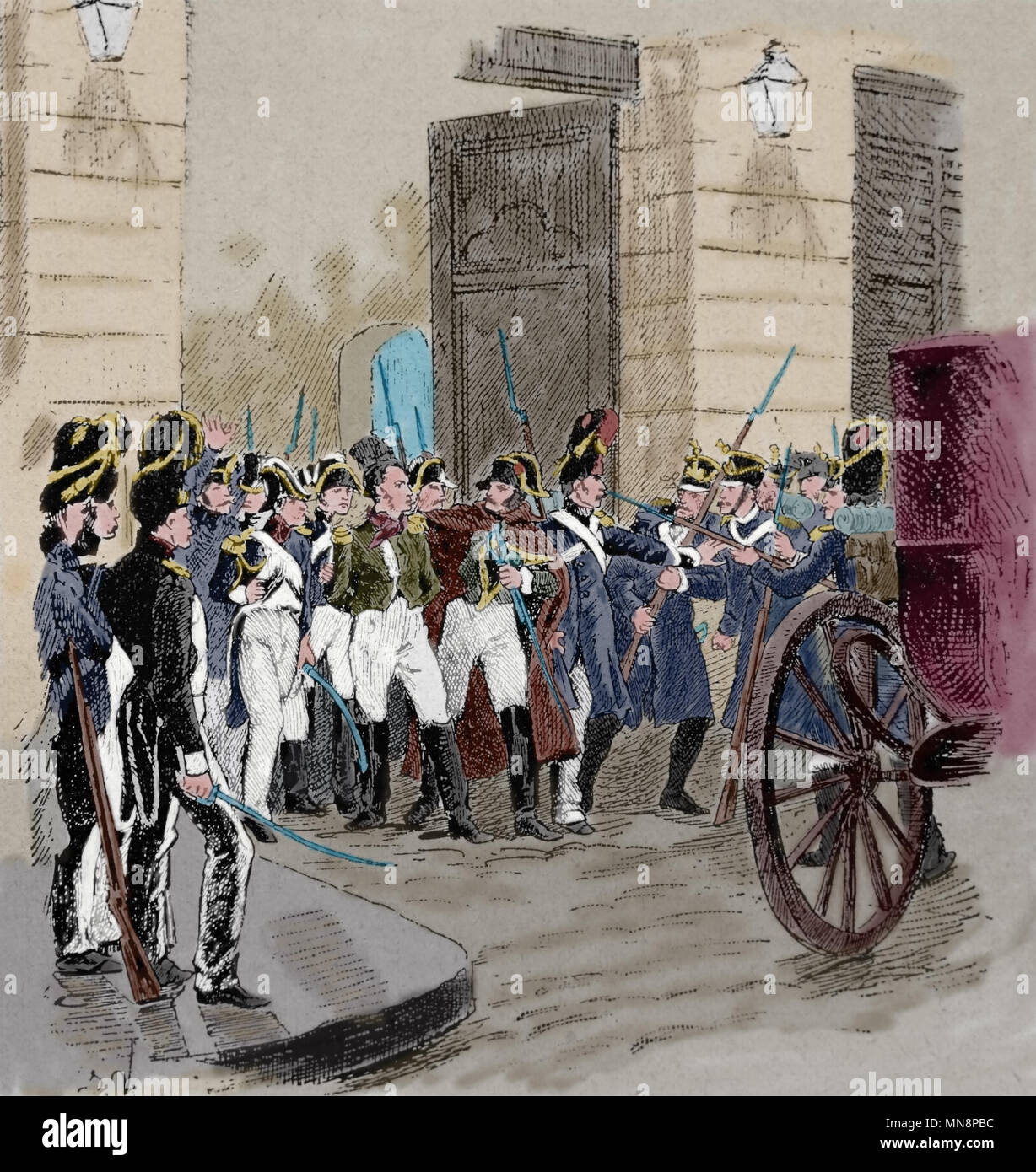 Le coup d'État de 1812 Malet, Paris, France. Visant à éliminer Napoléon I. Le Coup d'failedand. Arrestation de Malet. La gravure. Banque D'Images