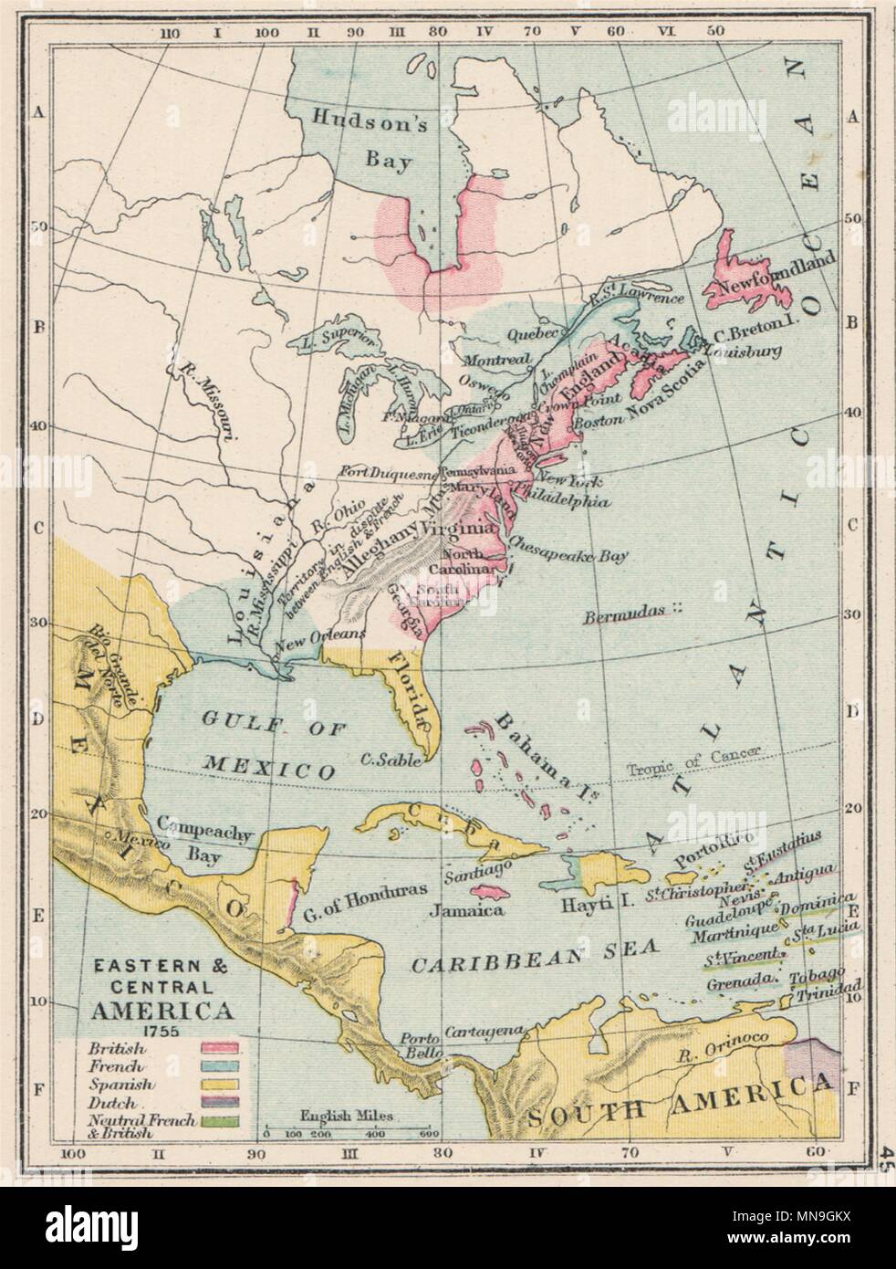 Amérique du Nord & Caraïbes en 1755. En français, espagnol, néerlandais. Petite carte 1907 Banque D'Images
