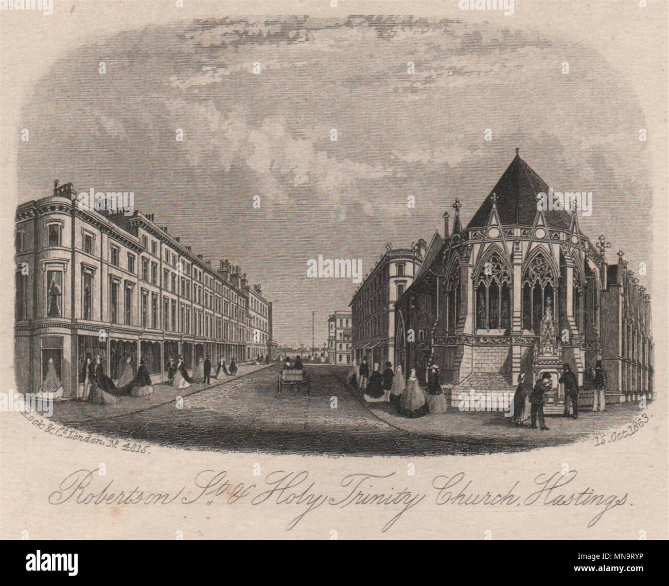 Robertson Street et l'église Holy Trinity, Hastings, Sussex. Gravure sur acier 1863 Banque D'Images