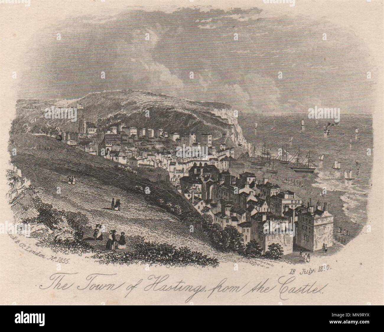 La ville de Hastings du château, Sussex. Gravure sur acier 1860 Antique Banque D'Images