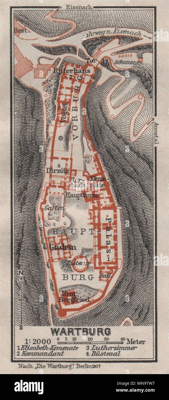 Château de WARTBURG plan au sol. Eisenach, en Thuringe. 1910 BAEDEKER ancienne carte Banque D'Images Château de WARTBURG plan au sol. Eisenach, en Thuringe. 1910 BAEDEKER ancienne carte Banque D'Images