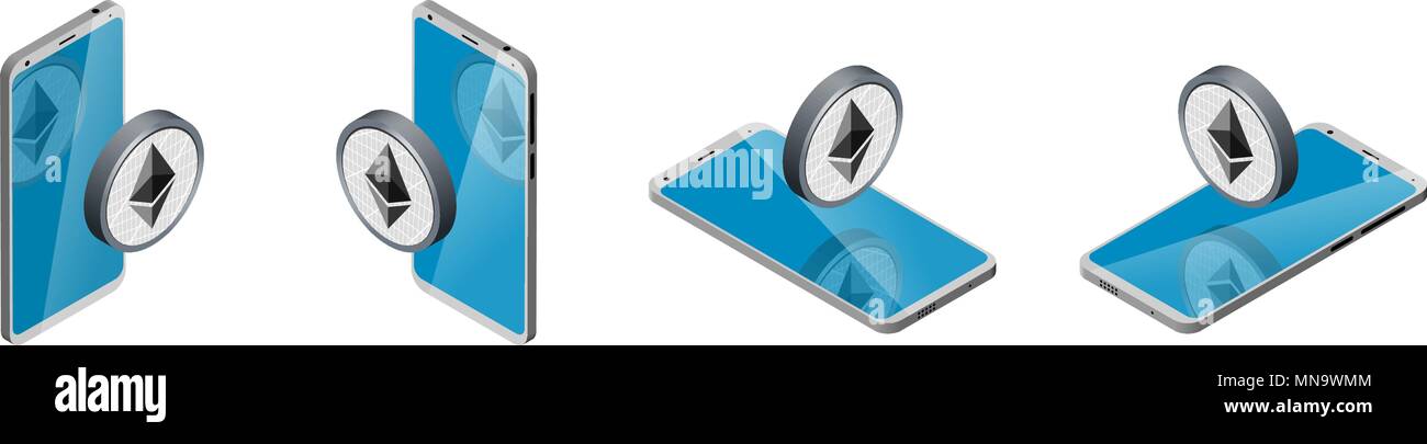 Smartphone et icône ronde Ethereum en vue isométrique. Position différente, voir l'ensemble. Illustration de Vecteur