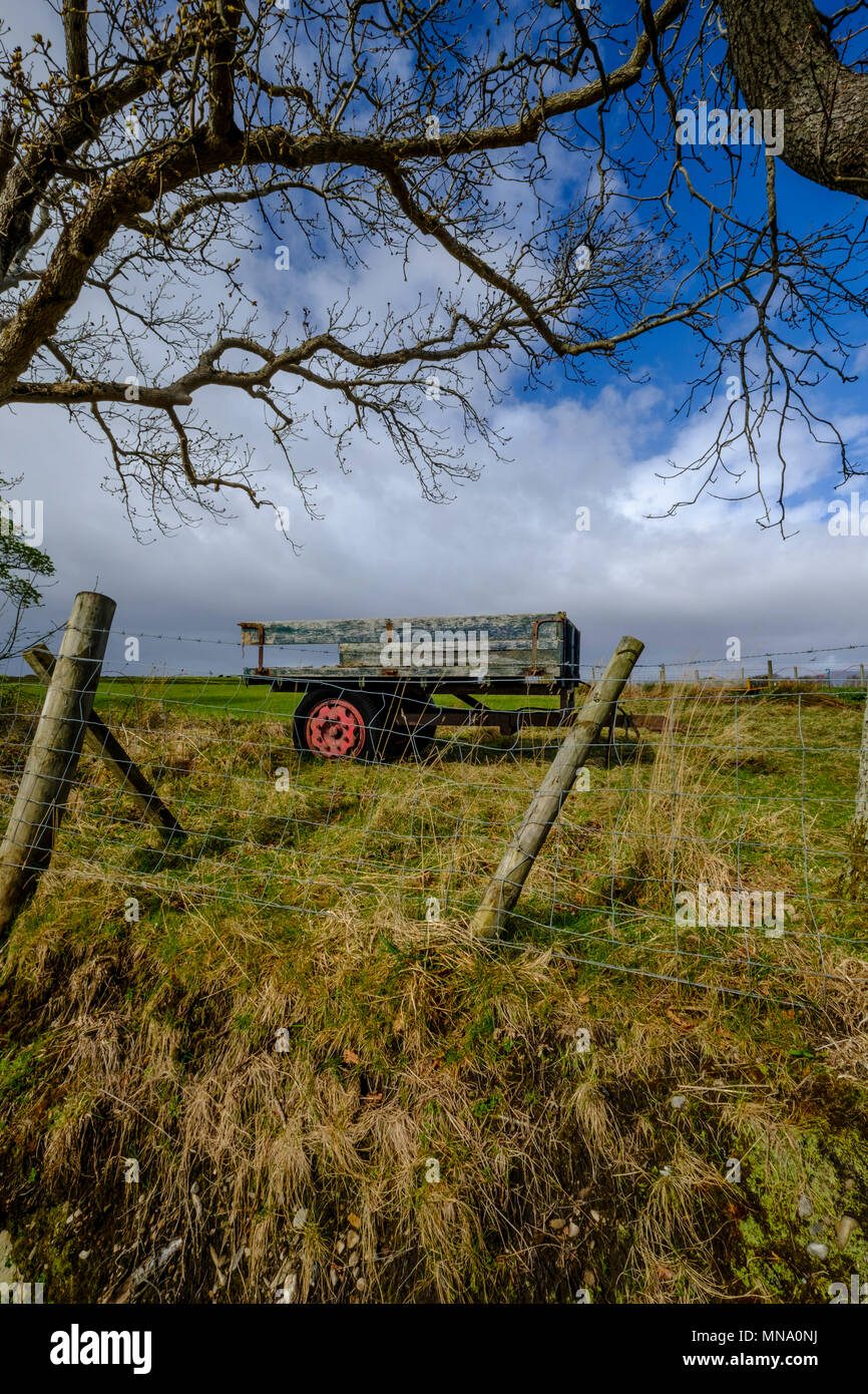 Scène rurale écossaise de old weathered remorque agricole dans la zone avec des branches d'arbre et ciel nuageux Banque D'Images