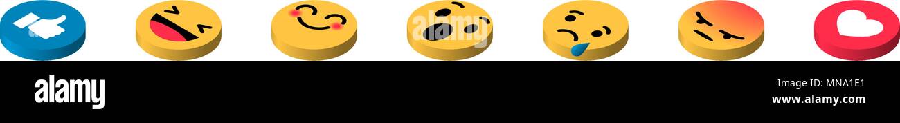 Comme, le coeur, le smiley jaune pleurer, sourire, rire, surpris, en colère. L'isométrie. différentes émotions. Illustration de Vecteur