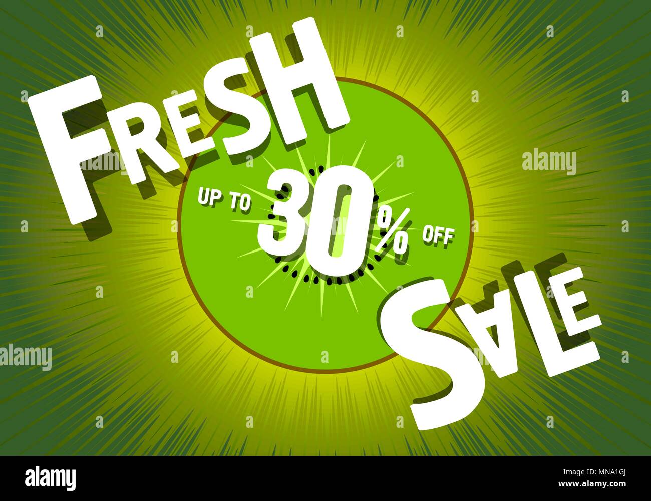 Vente frais de 30 pour cent. Fond vert, fruits kiwi. Promotions d'été. poster. Pour les stocks des magasins Illustration de Vecteur