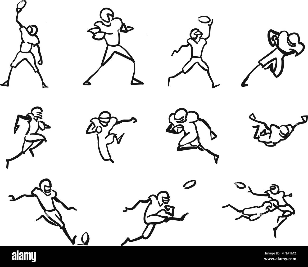 American Football Player Motion Croquis dessiné à la main, Contour Vector Illustration Illustration de Vecteur