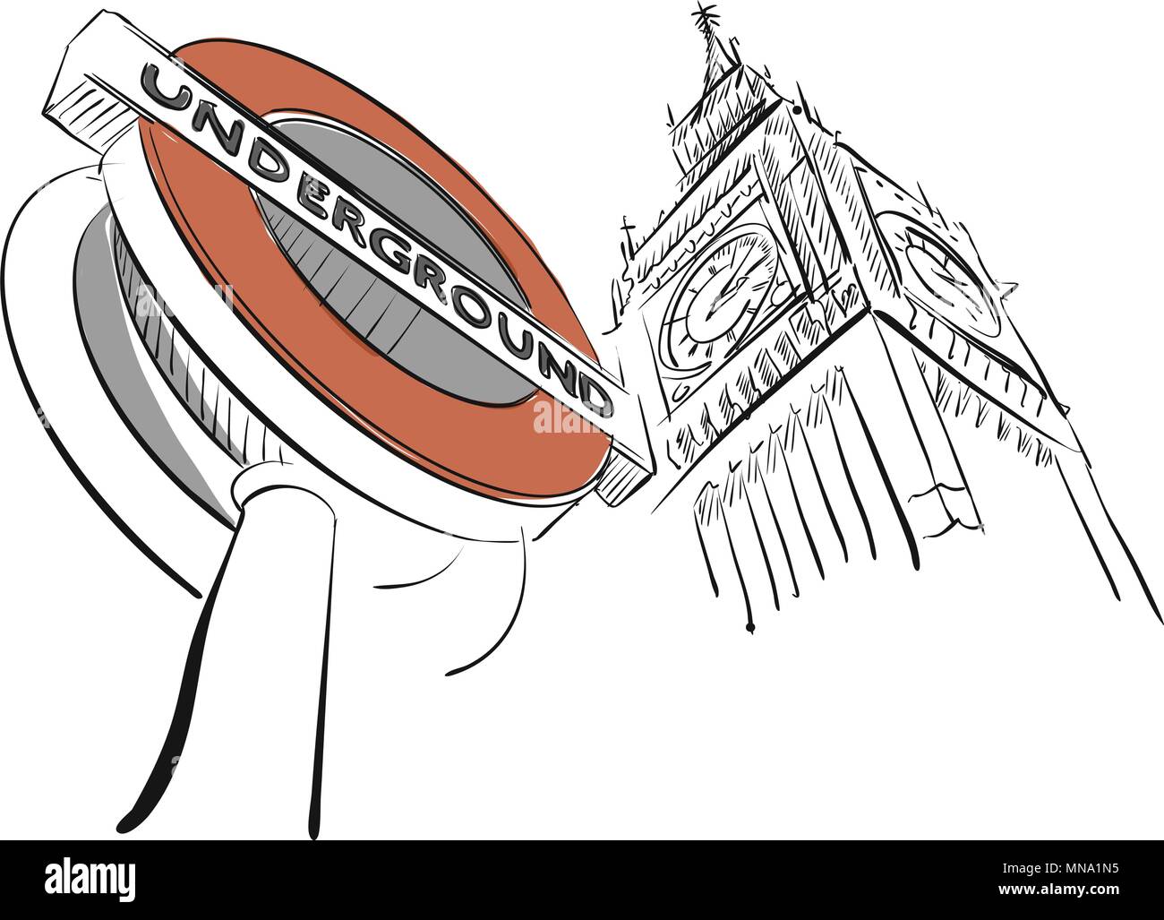 London Underground Sign en face de Big Ben, les contours vectoriels Sketch Illustration de Vecteur