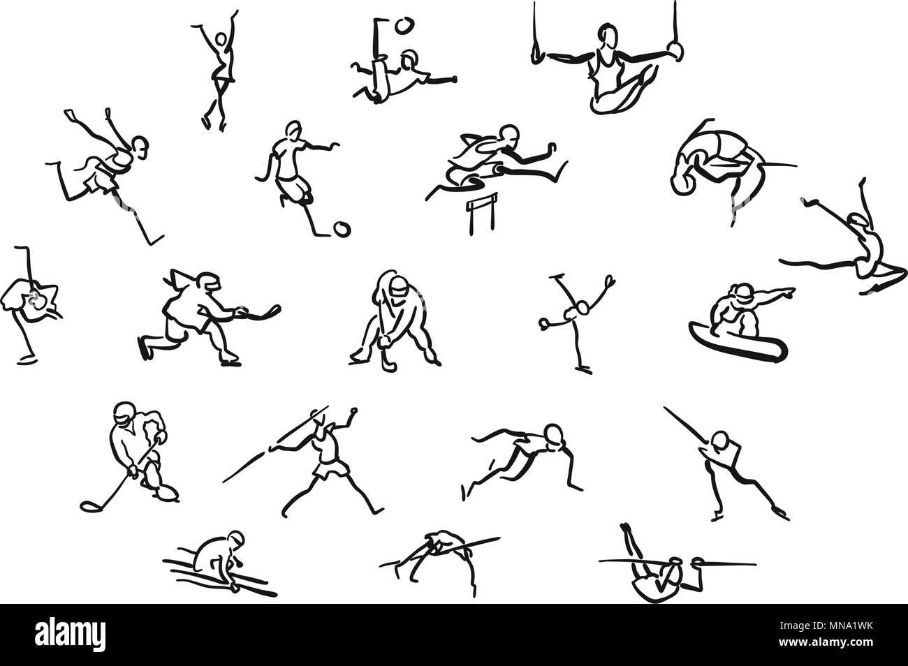 Stickmen Sports d'été et d'hiver, Hand drawn vector Doodles sur fond blanc Illustration de Vecteur