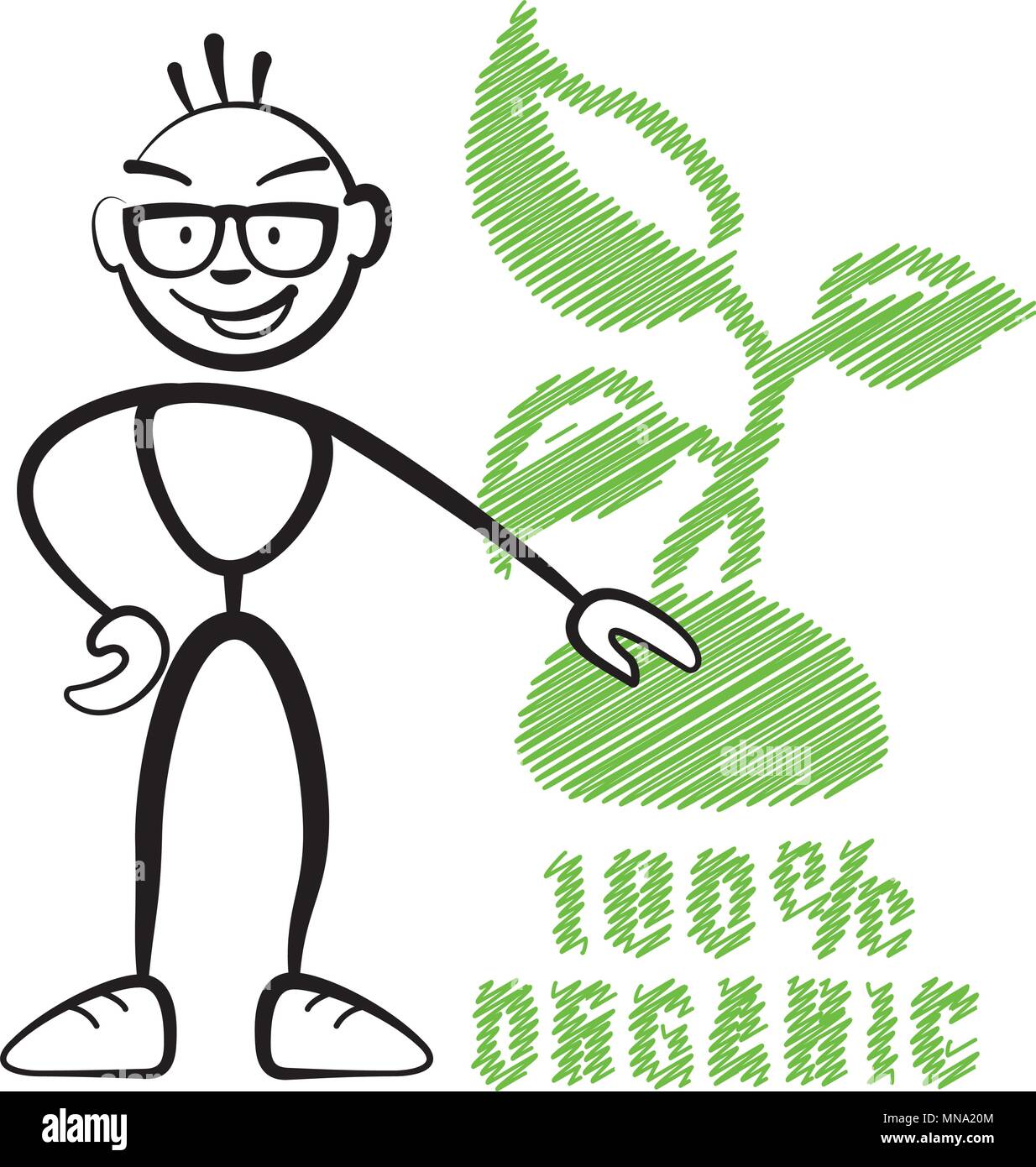 Stick figure avec symbole 100 % bio, Stickman dessin vectoriel sur fond blanc Illustration de Vecteur