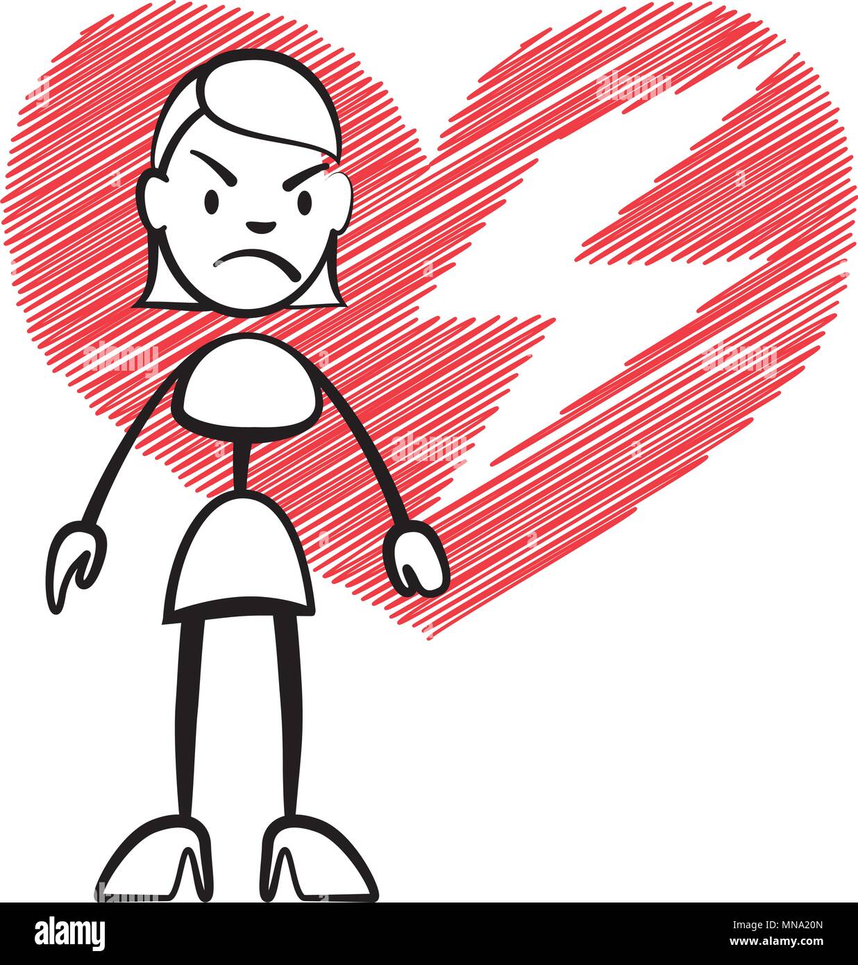 Stick figure femme avec cœur brisé, Stickman dessin vectoriel sur fond blanc Illustration de Vecteur
