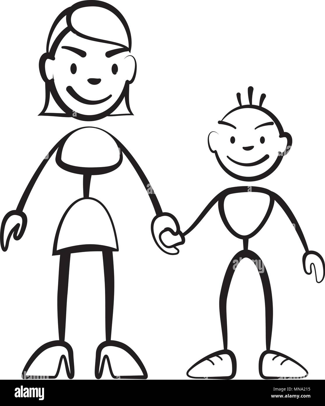 Stick figure mère avec fils, Stickman dessin vectoriel sur fond blanc Illustration de Vecteur