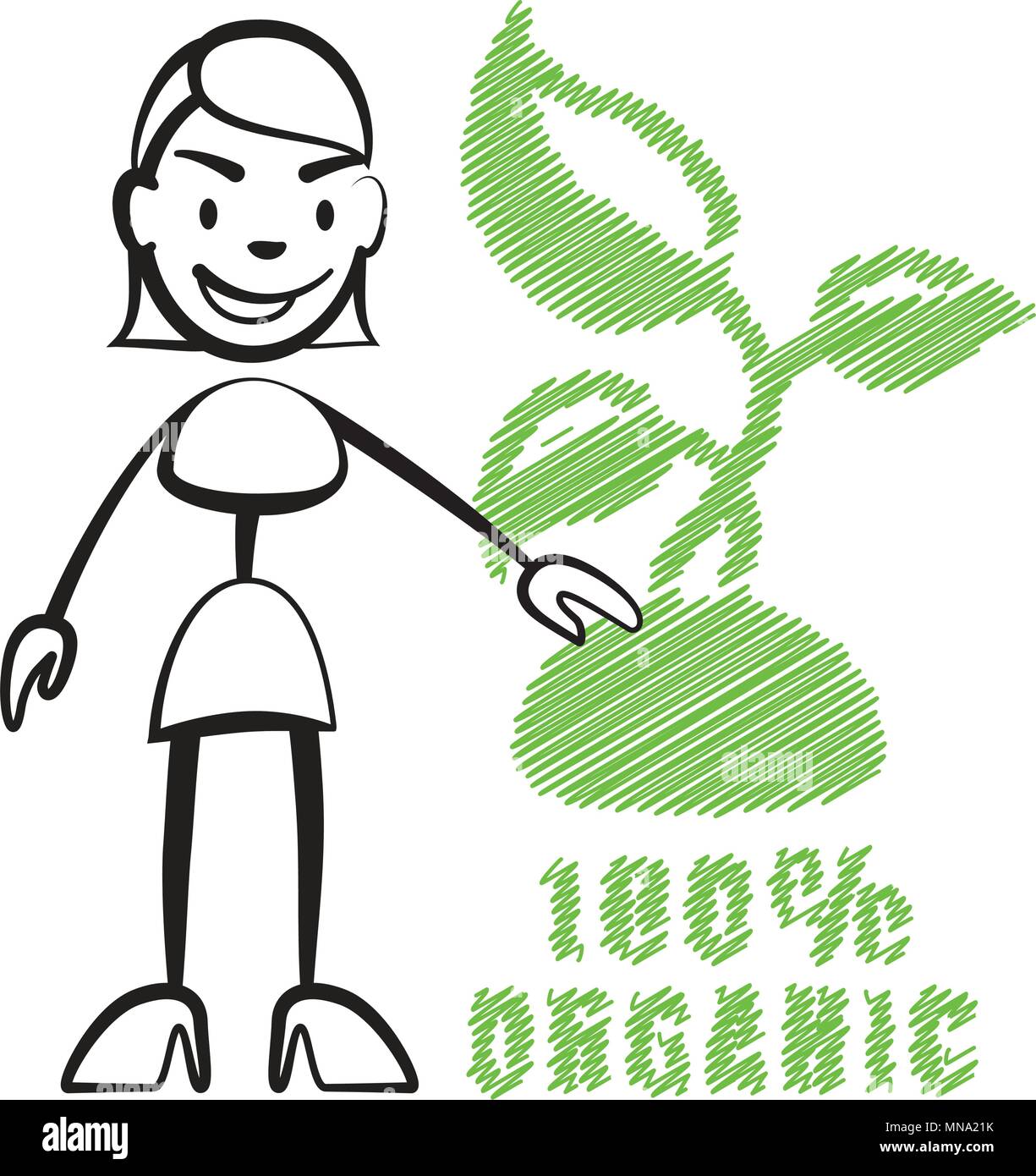 Stick figure femme avec symbole 100 % bio, Stickman dessin vectoriel sur fond blanc Illustration de Vecteur
