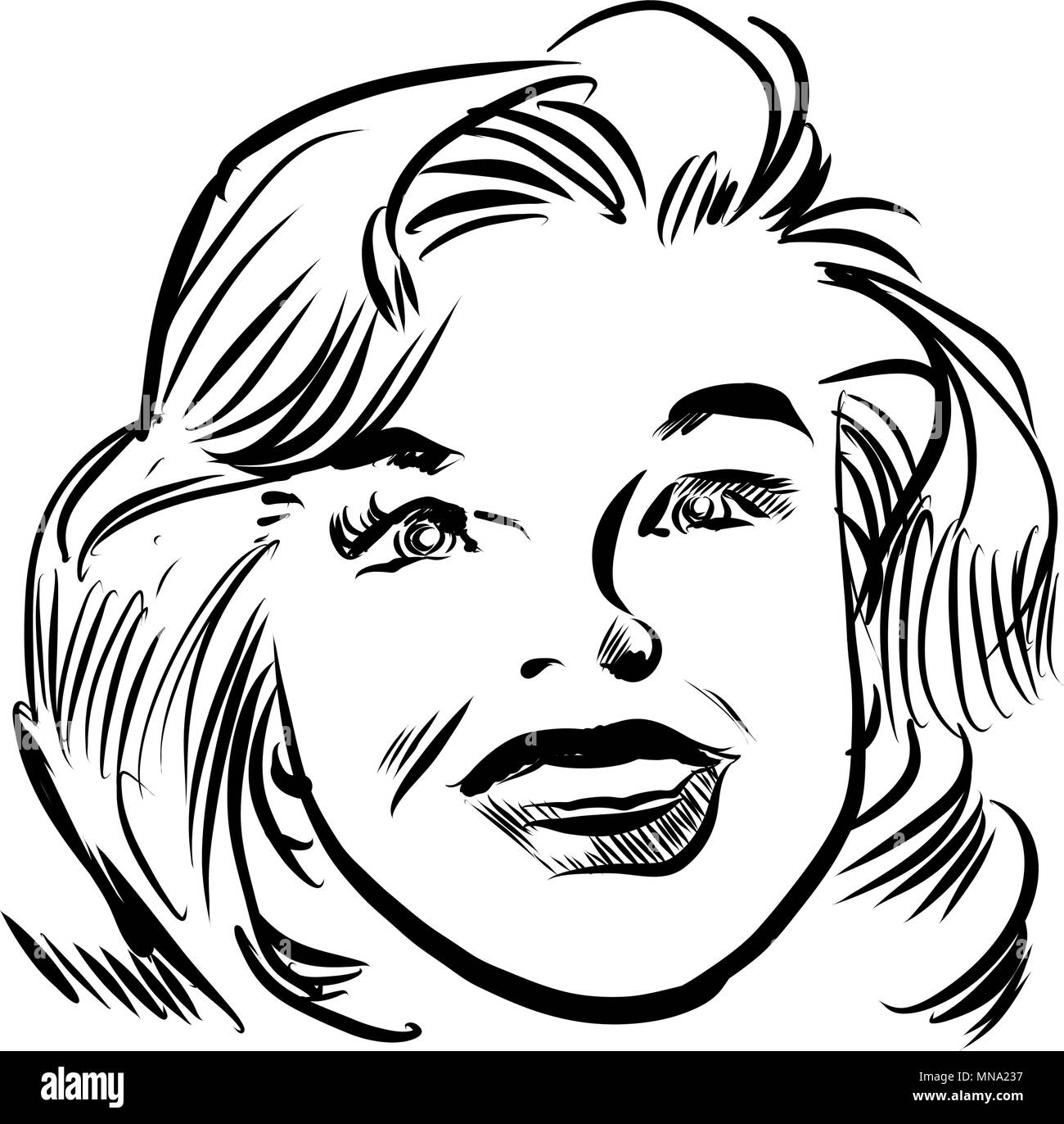 Parler Vintage Woman Portrait dessiné à la main, style bande dessinée par la plume. Contour Vector Illustration Illustration de Vecteur