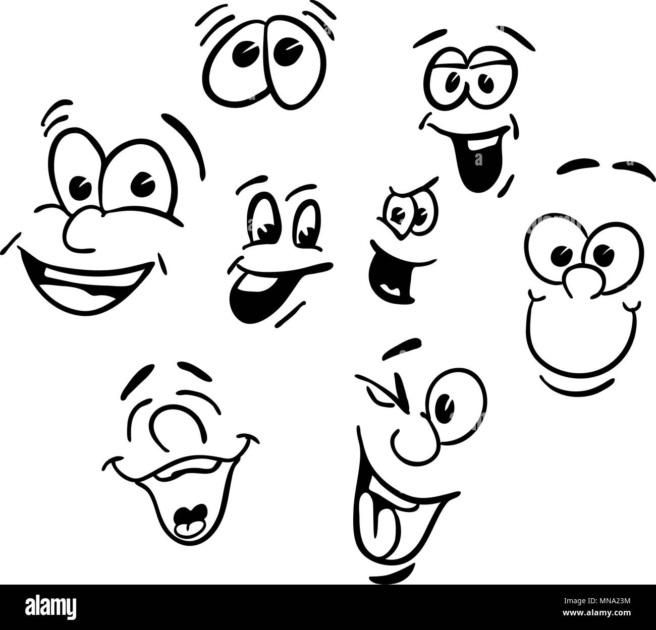 Heureux émotionnel dessinés à la main, Visages, Vector Cartoon Aperçu des illustrations. Différentes expressions de caractère. Noir et blanc. Utile pour tout type d'adverti Illustration de Vecteur