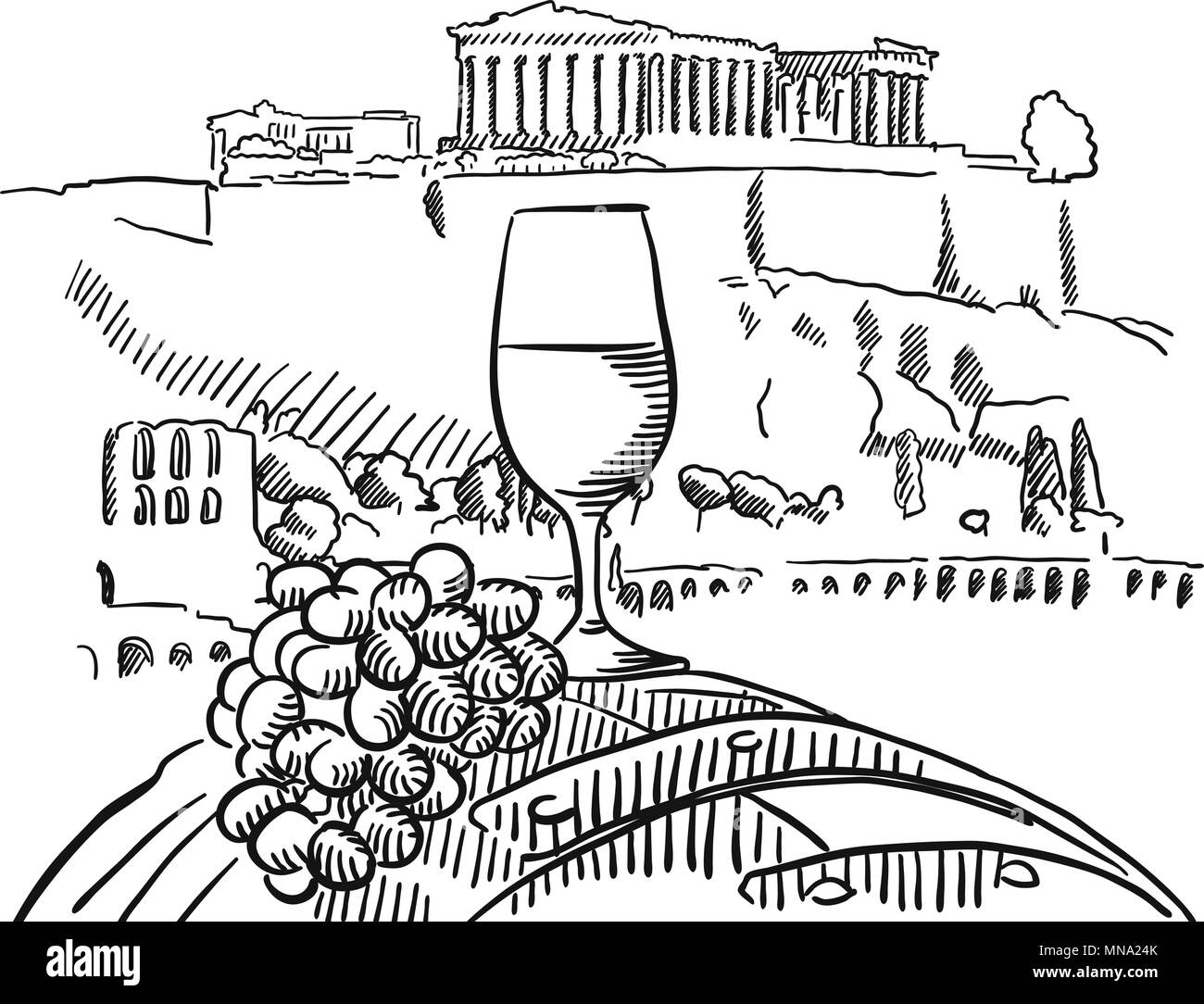 Verre de vigne sur le baril en face de l'Acropole, Athènes, Vector a esquissé les grandes lignes d'art Illustration de Vecteur