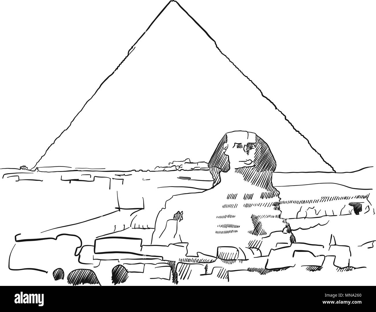 Sphinx de Gizeh avec les Pyramides esquissé, Destination célèbre monument, Hand drawn Vector Illustration Illustration de Vecteur Sphinx de Gizeh avec les Pyramides esquissé, Destination célèbre monument, Hand drawn Vector Illustration Illustration de Vecteur