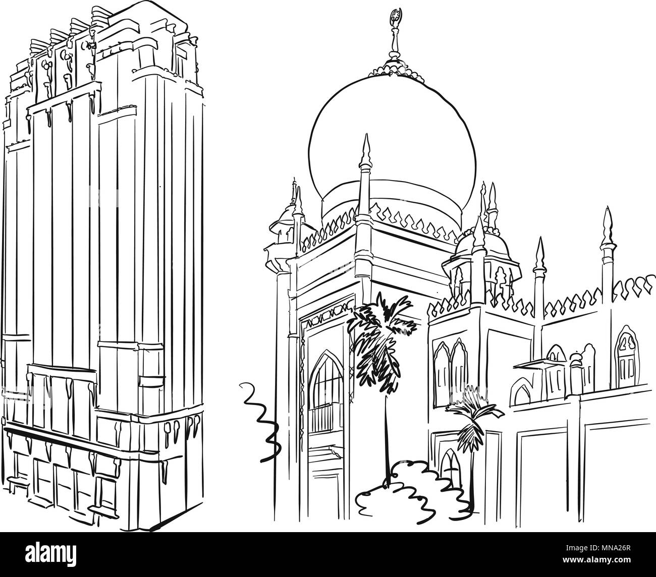 Célèbre mosquée de Singapour et de l'architecture de repère, faites à la main les images vectorielles Illustration de Vecteur
