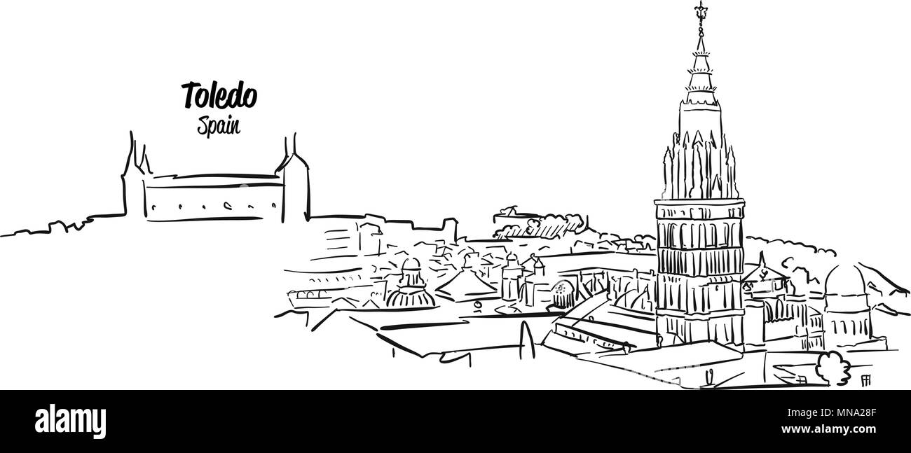 Ancienne Toledo Skyline Panorama croquis dessinés à la main, Contour Vector Illustration Illustration de Vecteur