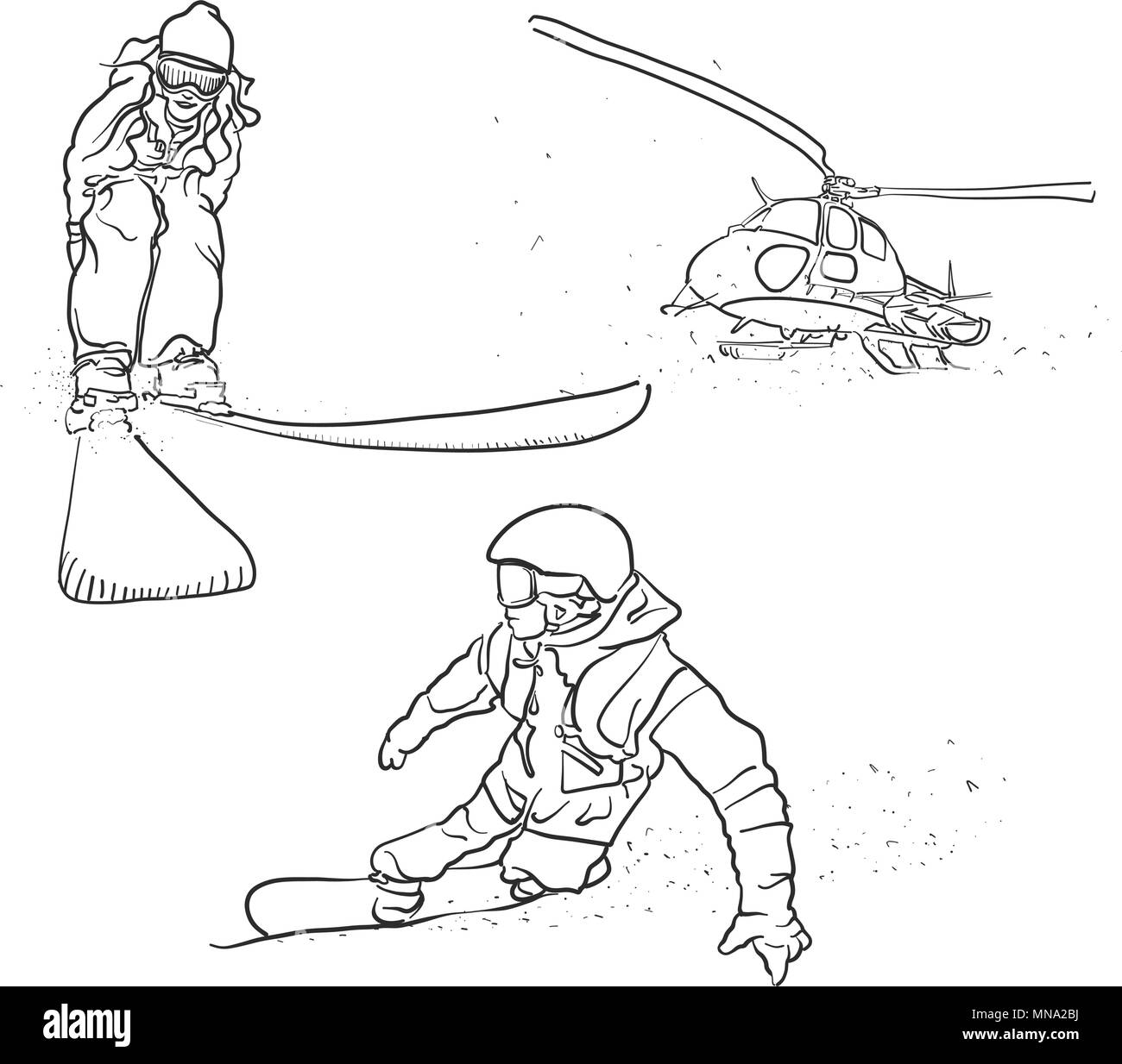 Ski, snowboard et d'Hélicoptère, croquis Doodle Vecteur Contours dessinés à la main, Artwork Illustration de Vecteur