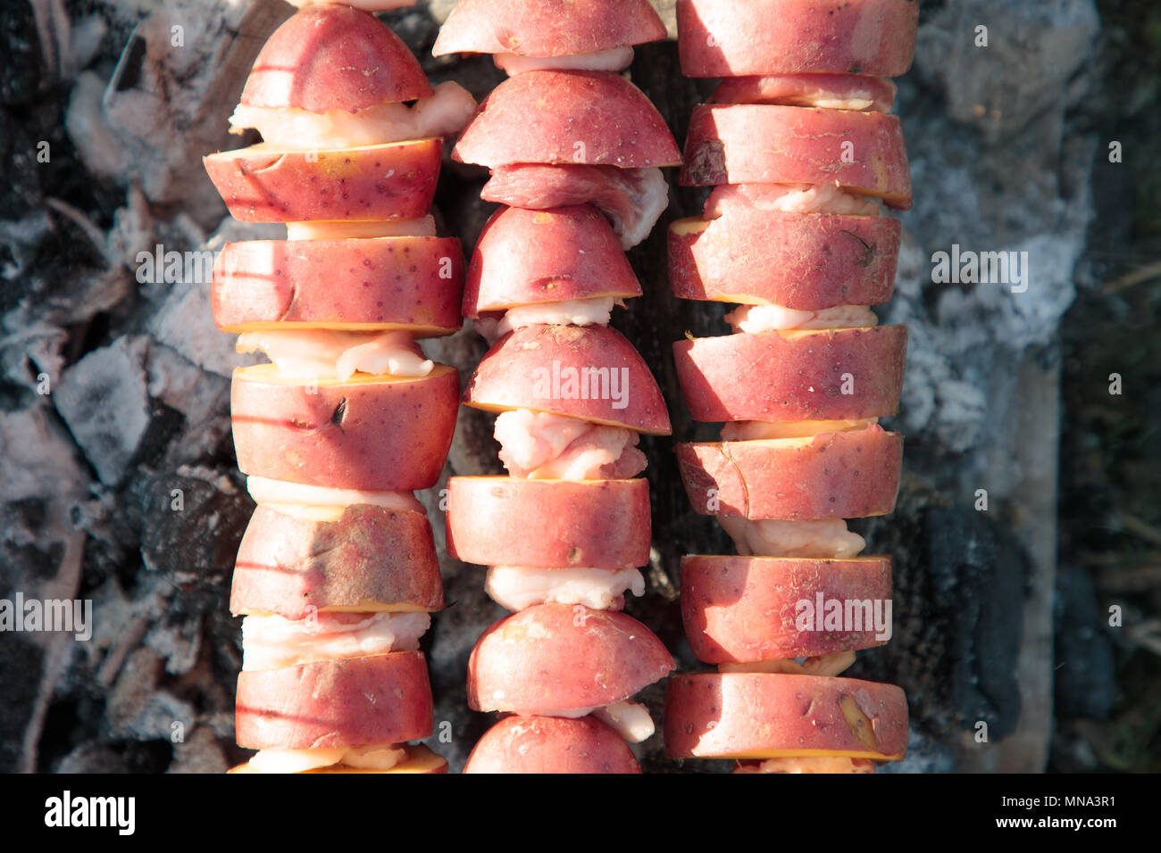 Pommes à cordes en brochettes préparées sur le grill Banque D'Images