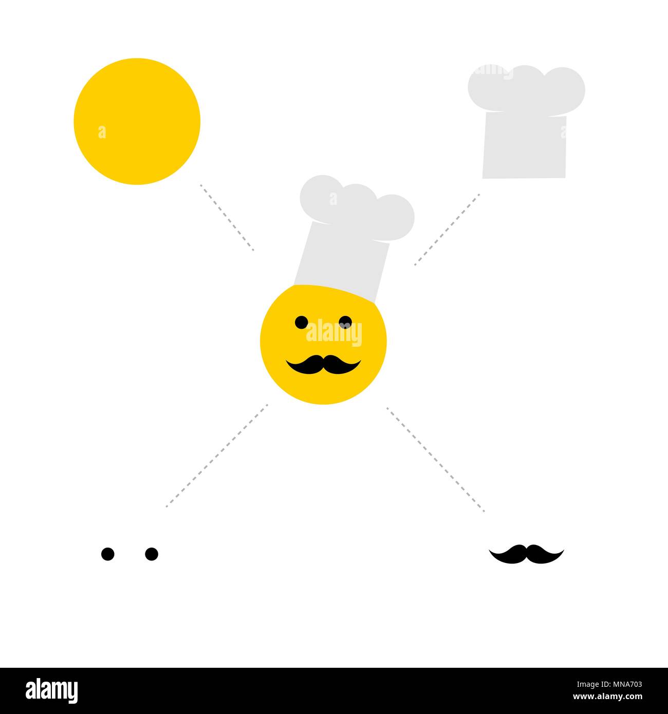 Chef hat sur smiley. icône cook. moustache, yeux, bol, hat séparément comme ingrédients. Illustration de Vecteur
