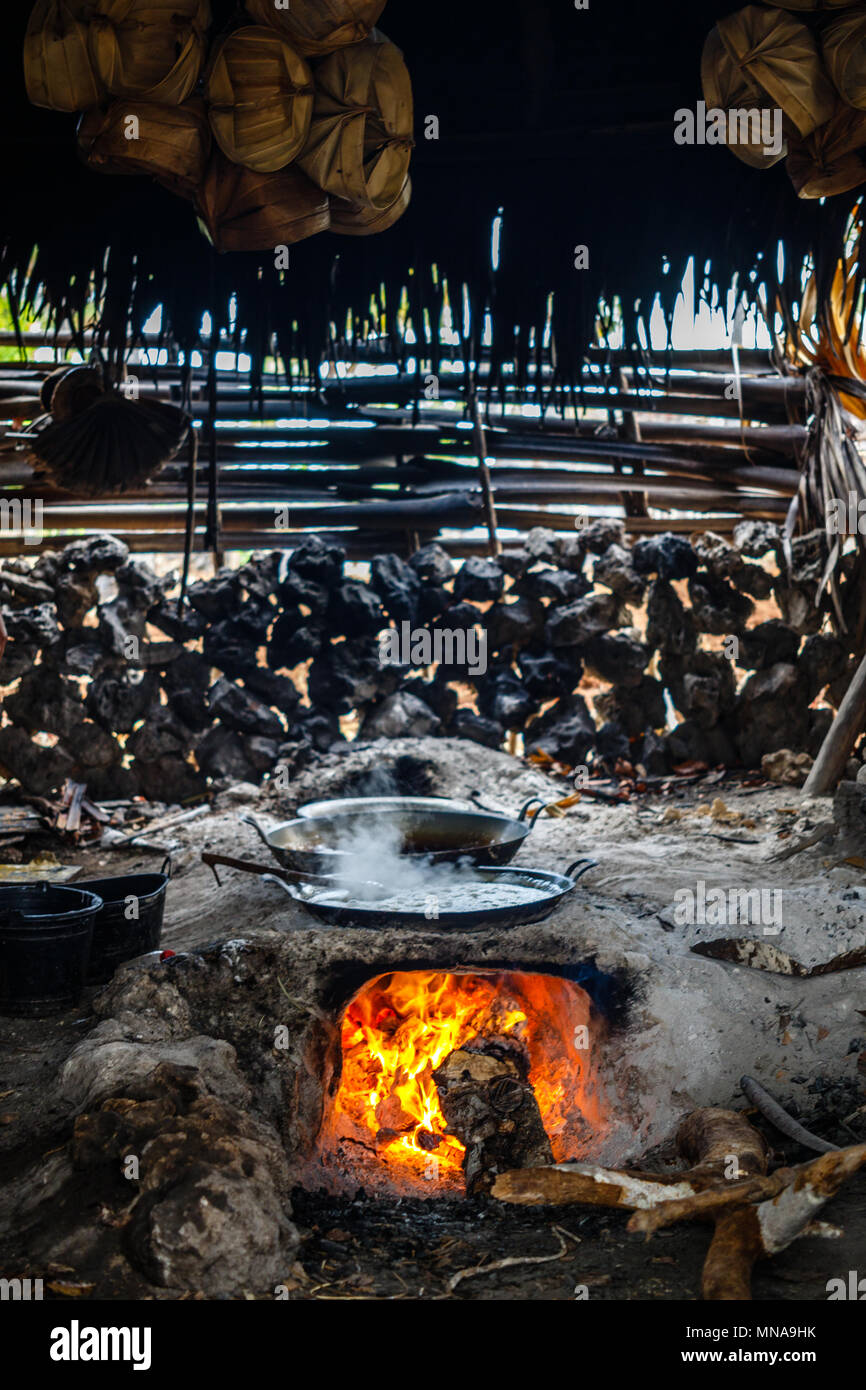 Processus traditionnel de fabrication du sucre de palme dans le village à l'île de Rote, en Indonésie. Sap placé sur feu moyen pour faire évaporer l'humidité. Banque D'Images