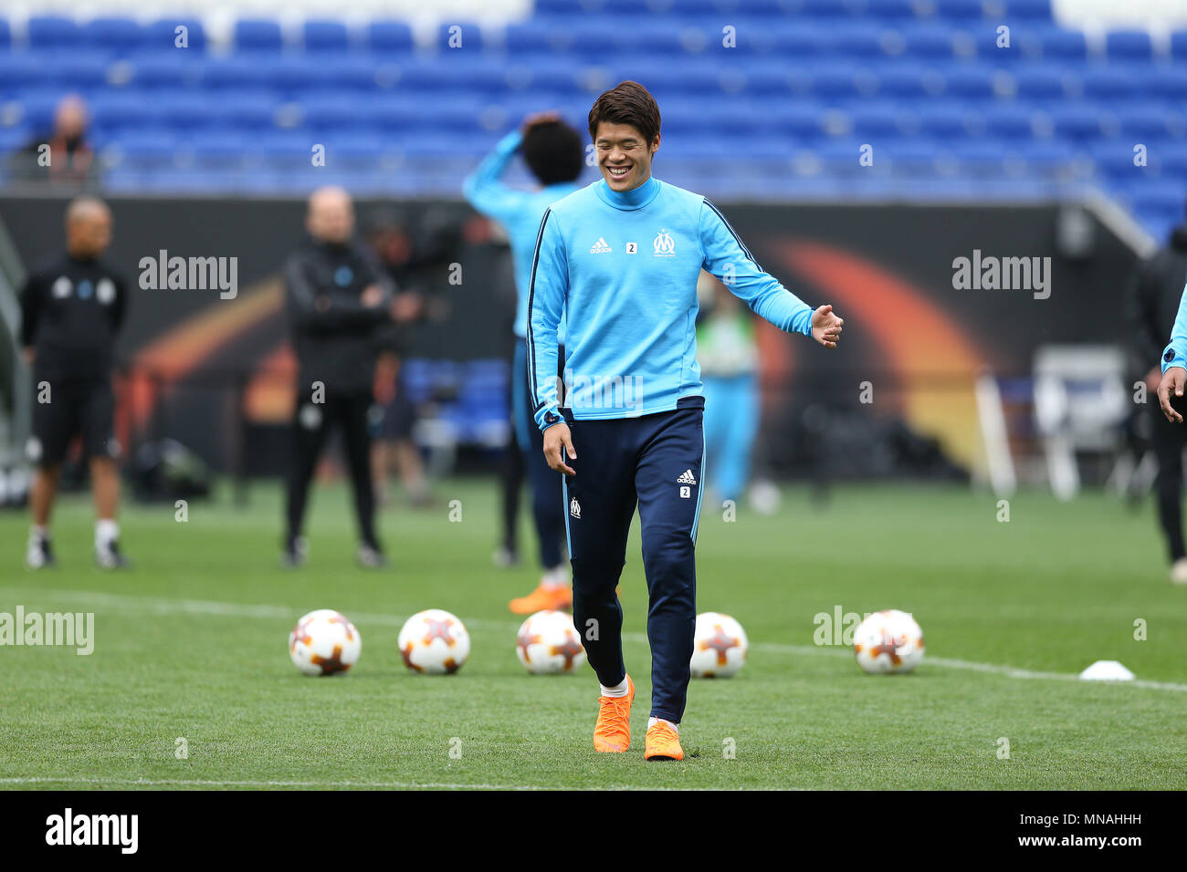 Groupama Stadium. 15 mai, 2018. Lyon, France ; la finale de la Ligue Europa de la formation, l'Atletico Madrid contre Marseille Olympique de Marseille ; train ; Hiroki Sakai lors d'une légère Action Crédit : session de formation Plus Sport/Alamy Live News Banque D'Images