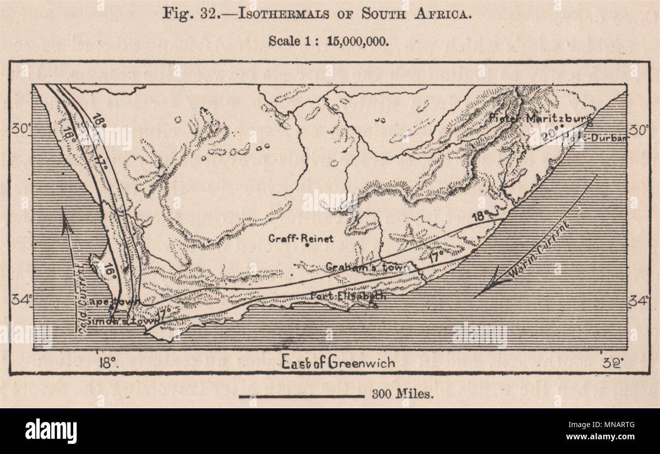 Isothermals d'Afrique du Sud 1885 ancienne carte graphique plan vintage Banque D'Images