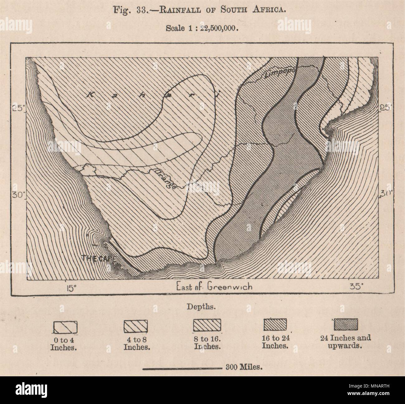 Les précipitations de l'Afrique du Sud 1885 ancienne carte graphique plan vintage Banque D'Images